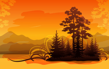 Landscape, Trees and Mountains Silhouettes and Abstract Pattern. Vector