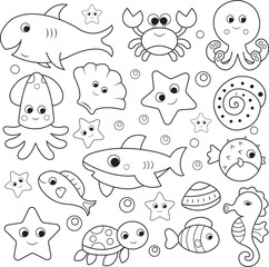 Lovely vector illustration with sea life.Black outline drawing perfect for coloring page or book for children or adults.