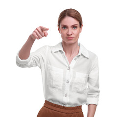 Beautiful business woman pointing on white background