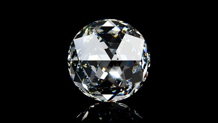 Double rose cut diamond rotating on black glossy background. Seamless loop 3d animation