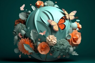 Obraz na płótnie Canvas 3d illustration of a globe with flowers and butterflies over green background, generative Ai