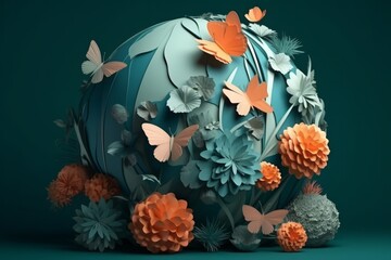 Obraz na płótnie Canvas 3d render of abstract geometric composition with paper cut flowers and butterflies, generative Ai
