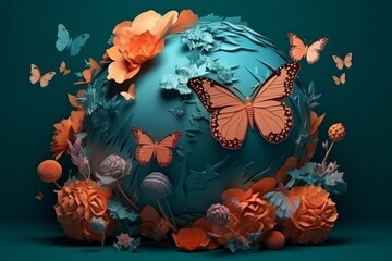 Obraz na płótnie Canvas 3D illustration of a blue planet with butterflies and flowers on a green background, generative Ai