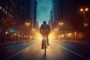 Cyclist riding on the road in the city at night, generative Ai