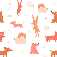 Fototapeta premium Cute dogs seamless pattern. Funny pet with textured elements. Domestic playful and friendly animals. Canine wallpaper. Naive vector illustration in pink and brown colors on white background.