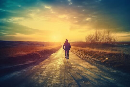 Cyclist on the road at sunset. Photo in old color image style, generative Ai