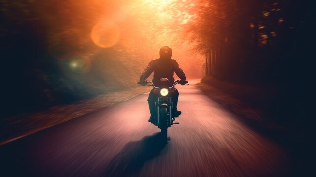 A motorcyclist riding on the road in the forest at sunset., generative Ai