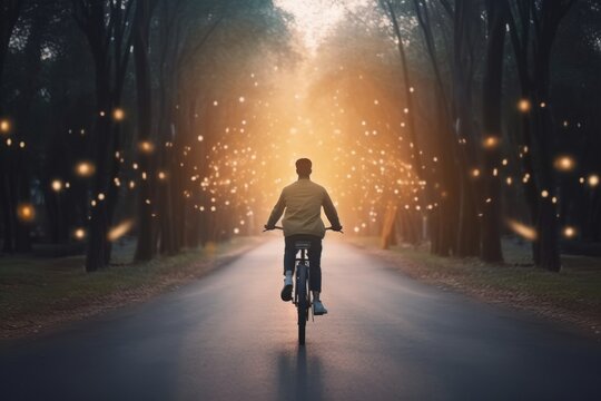 Cyclist riding bicycle on road in the park at sunset, generative Ai