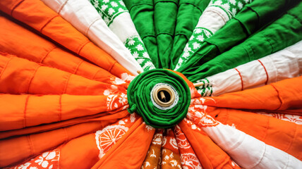 Natural Indian fabrics in orange, white, green colors for sewing traditional festive clothes, rolled into large rolls Generative AI