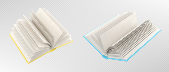 3d open books with blank white pages. Mockup of empty notebooks with yellow and blue covers isolated on transparent background, vector realistic illustration