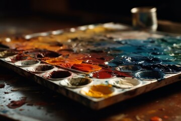 Palette of watercolors on a table in the artist's studio, generative Ai