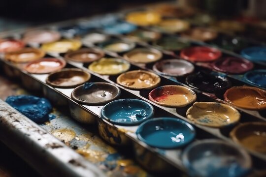 Colorful watercolor paints in a metal box on a wooden table, generative Ai