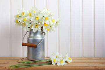 A bouquet of white daffodils in an aluminum can on a table indoors. Spring flowers.