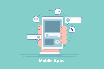Text message email conversation on communication app program running on smartphone screen, person holding mobile in hand vector illustration.