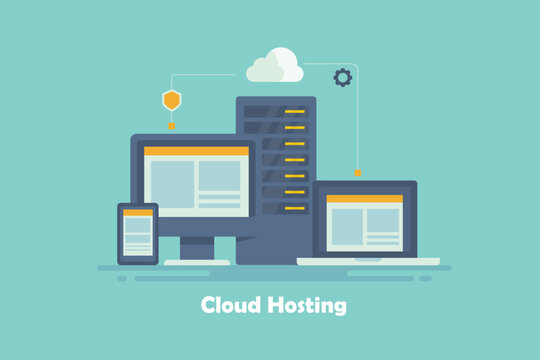 Cloud Computing Server Machine Hosting Internet Database, Secure Network Connection, Website Data On Laptop, Mobile And Desktop Pc Screen, Vector Illustration Flat Design.