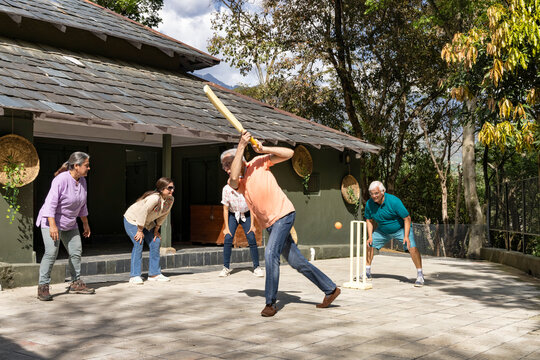 Family Members Playing Cricket In The Back Yard.