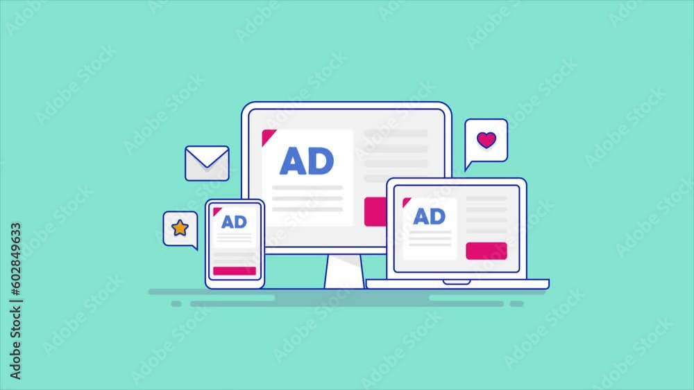 Poster connecting business service with online audience ad network platform. responsive ads on laptop, desk