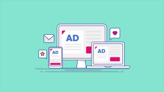 Connecting business service with online audience ad network platform. Responsive ads on laptop, desktop and mobile screen, digital marketing communication animated video.