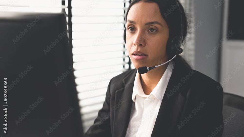 Aufkleber competent female operator working on computer and talking with clients. concept relevant to both cal