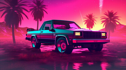 Illustration of a retro car in the desert with palm trees, Generative AI