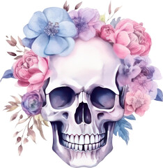 Skull and Flowers Watercolor Illustration. Generative AI