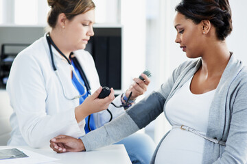 Blood pressure, healthcare and doctor with a pregnant woman for a consultation of health. Hospital, wellness check and a medical worker with a patient consulting about hypertension during pregnancy - obrazy, fototapety, plakaty