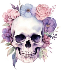 Skull and Flowers Watercolor Illustration. Generative AI
