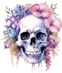 Papier Peint photo Crâne aquarelle Skull and Flowers Watercolor Illustration. Generative AI