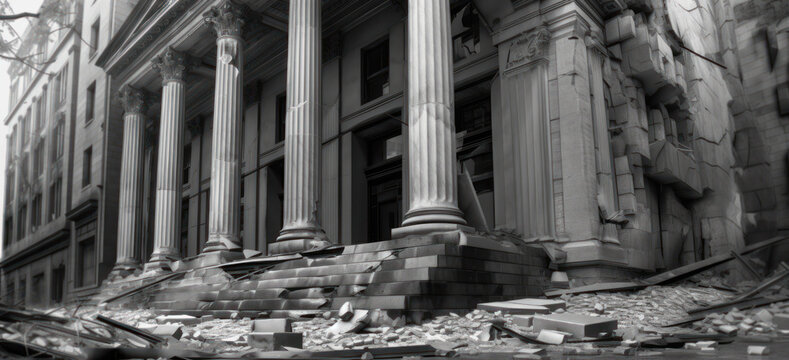 Financial crash, market crash, financial collapse. A typical bank or financial institution type building, crumbling and abandoned. generative AI.