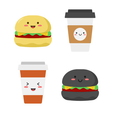 Set of cute plastic coffee cups and burgers in kawaii style. Vector illustration in flat style. Isolated on white background.