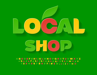 Vector bright signboard Local Shop. Creative sticker Font. Colorful Alphabet Letters and Numbers set