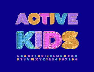 Vector colorful logotype Active Kids with bright Fabric Font. Jeans textured Alphabet Letters, Numbers and Symbols