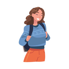 Young Woman Character Engaged in Local Tourism Wearing Backpack and Hiking Vector Illustration