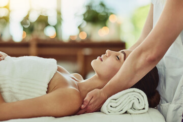 Luxury, beauty and massage with woman in spa for wellness, relax and cosmetics treatment. Skincare, peace and zen with female customer and hands of therapist for physical therapy, salon and detox