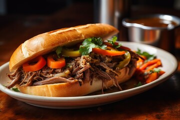 classic Chicago style Italian beef sandwich, with slow cooked, juicy beef piled high on a soft roll. Generative ai