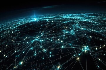 Naklejka na ściany i meble World map on a technological background, glowing lines symbols of the Internet, radio and satellite communications.