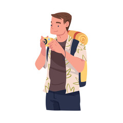 Young Man with Camera Engaged in Local Tourism Wearing Backpack and Hiking Vector Illustration