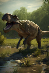King of the Prehistoric Realm Realistic Illustration of Tyrannosaurus Rex in its Ancient Habitat AI generated