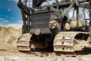 Pile driving machine. Diesel hammer pile driving machine working on construction site. Preparation of the pile foundation for the construction of the building. Close-up.