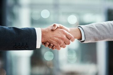 Business people, handshake and partnership meeting, welcome and introduction or job agreement and success. Professional man, partner or corporate clients shaking hands in thank you, interview or deal - obrazy, fototapety, plakaty