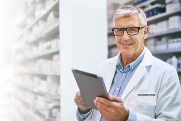 Pharmacist, portrait and senior man on tablet for stock, inventory and medical information notes. Medicine, checklist and face of elderly male in a pharmacy online for pills and prescription