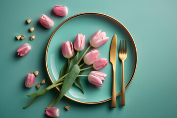Light blue table decorated with pink tulips and fashionable tableware, Generative AI