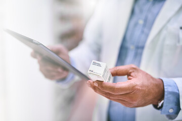 Man, hands and tablet with pills for inventory, checking stock or inspection at clinic store. Hand of male person or medical expert with technology and medication for pharmaceutical prescription