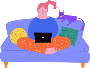 Woman working from home sitting on sofa using laptop computer illustration isolated background