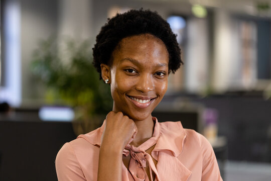 Closeup portrait of smiling african american female professional with hand on chin posing in office