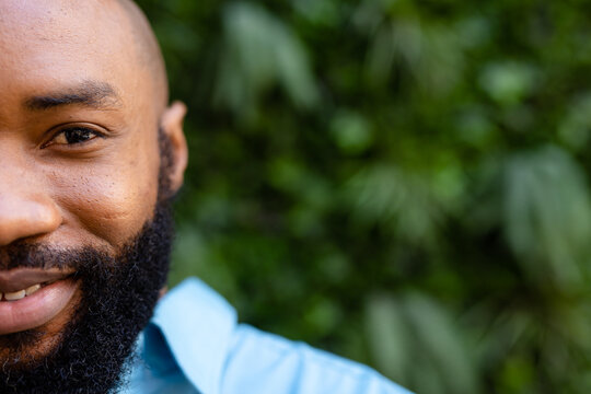 Cropped face of african american bearded businessman looking at camera against plants