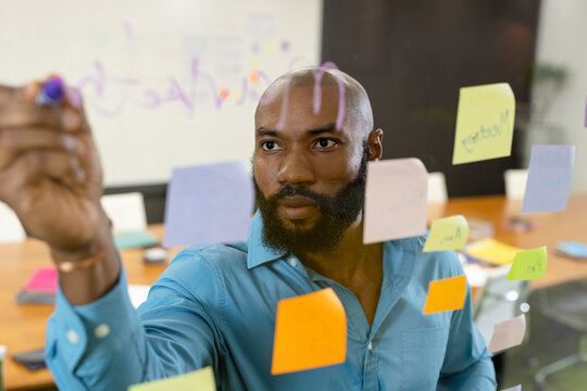 Bearded african american businessman writing ideas on glass wall by adhesive notes in office