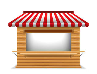 striped blank market stall or kiosk market awning shop isolated. 3d illustration