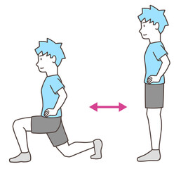 フロントランジで下半身の筋トレをする男性、エクササイズ、シンプル