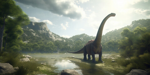 Graceful Giants Roaming the Prehistoric Realm Realistic Illustration Showcasing the Diplodocus in a Serene Prehistoric Landscape AI generated - obrazy, fototapety, plakaty